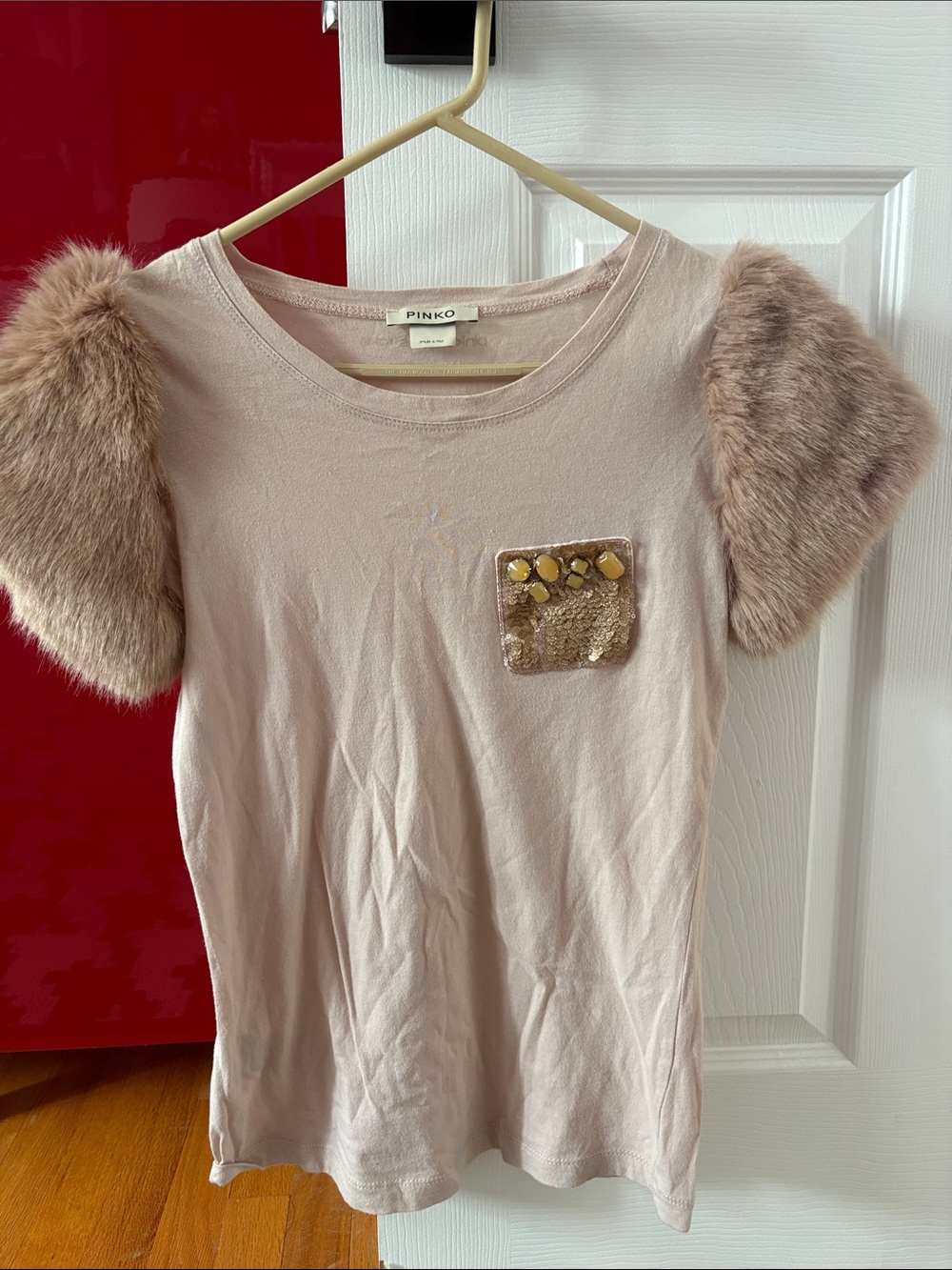 Pink Short Sleeve Top with Fur Sleeves - PINKO Italia